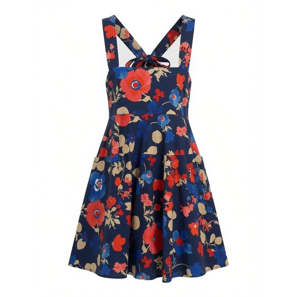 Peter Som Floral Mini Dress Sz 10 Blue Red Tie Back Babydoll Sundress Pockets EU